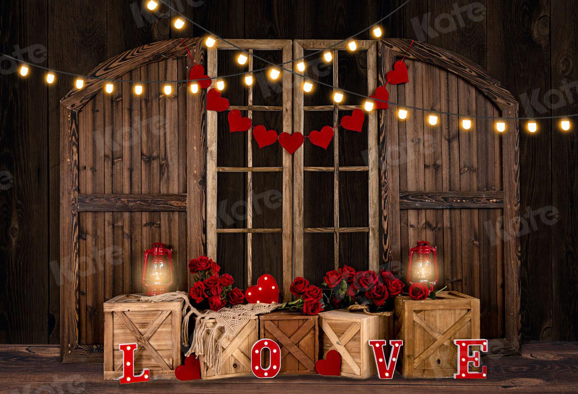 Kate Valentine's Day Backdrop Wooden Door Small Lamp Rose for Photography