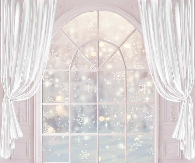 Elegant Winter Snowfall Arched Window Backdrop