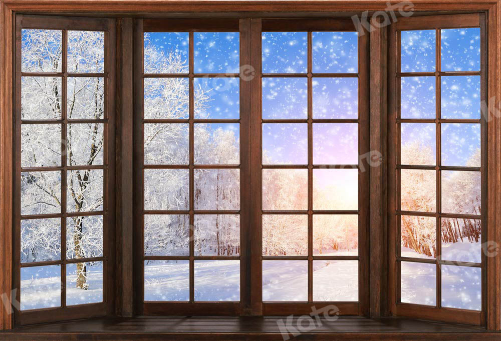 Kate Winter Snow Scene Backdrop Wooden Window Designed by Chain Photography