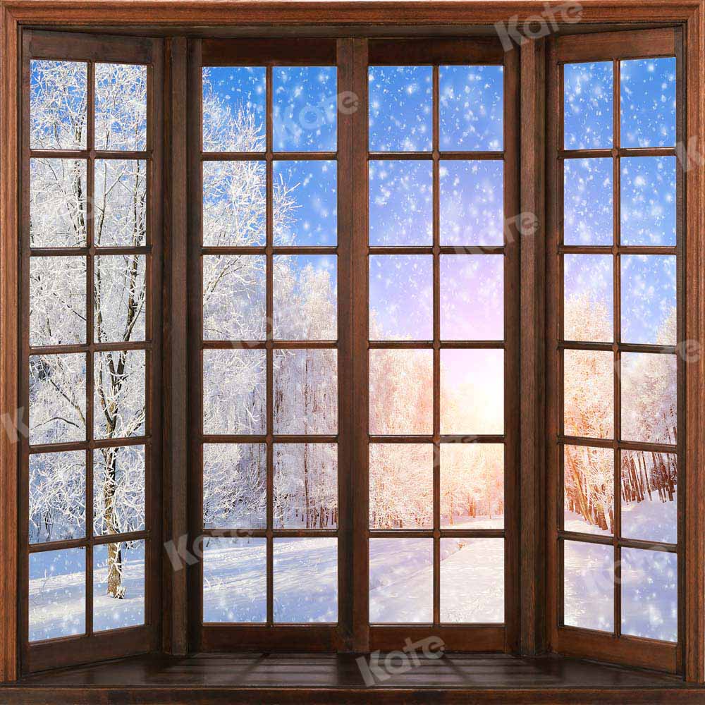 Kate Winter Snow Scene Backdrop Wooden Window Designed by Chain Photography