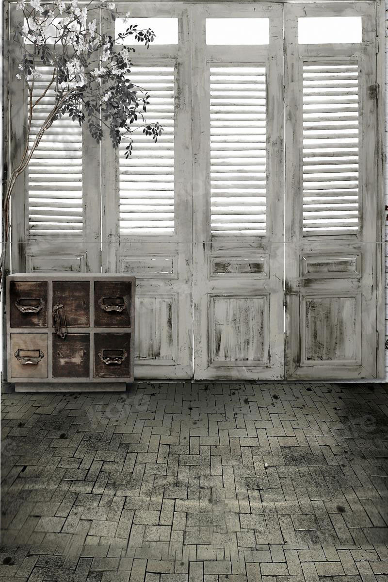 Kate Wood White Door Backdrops Dark Brick Floor Indoor - Katebackdrop