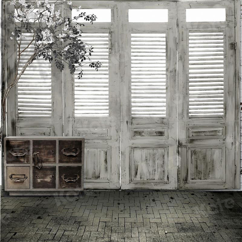 Kate Wood White Door Backdrops Dark Brick Floor Indoor - Katebackdrop