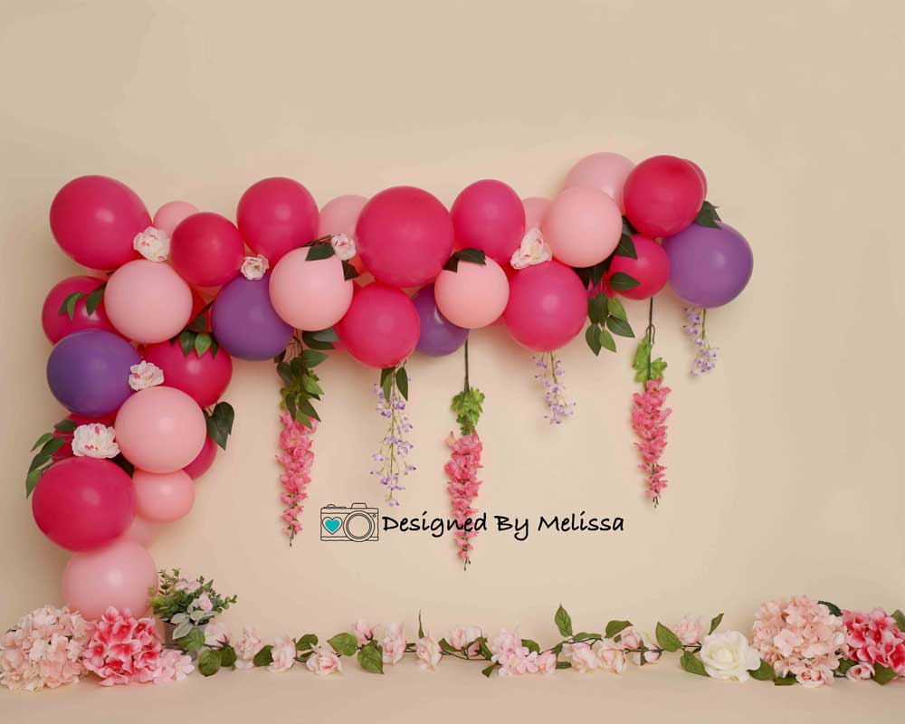 Kate Flower Balloon Birthday Backdrop Pink Purple for Photography Designed by Melissa King
