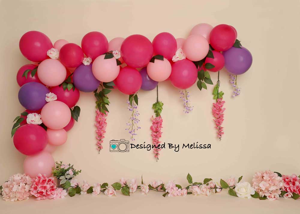 Kate Flower Balloon Birthday Backdrop Pink Purple for Photography Designed by Melissa King