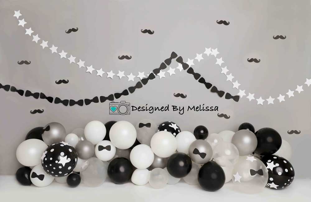 Kate Tie Moustache Birthday Backdrop Black And White for Photography Designed by Melissa King