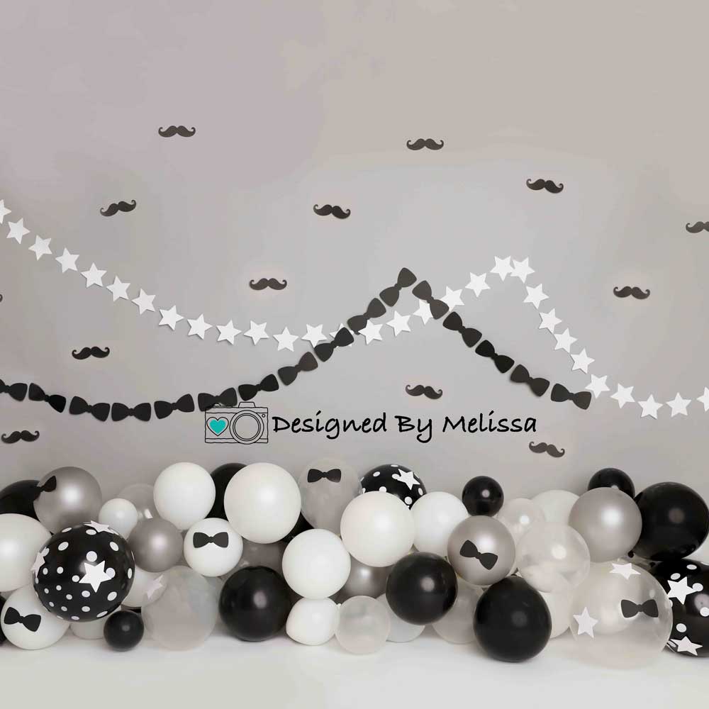 Kate Tie Moustache Birthday Backdrop Black And White for Photography Designed by Melissa King