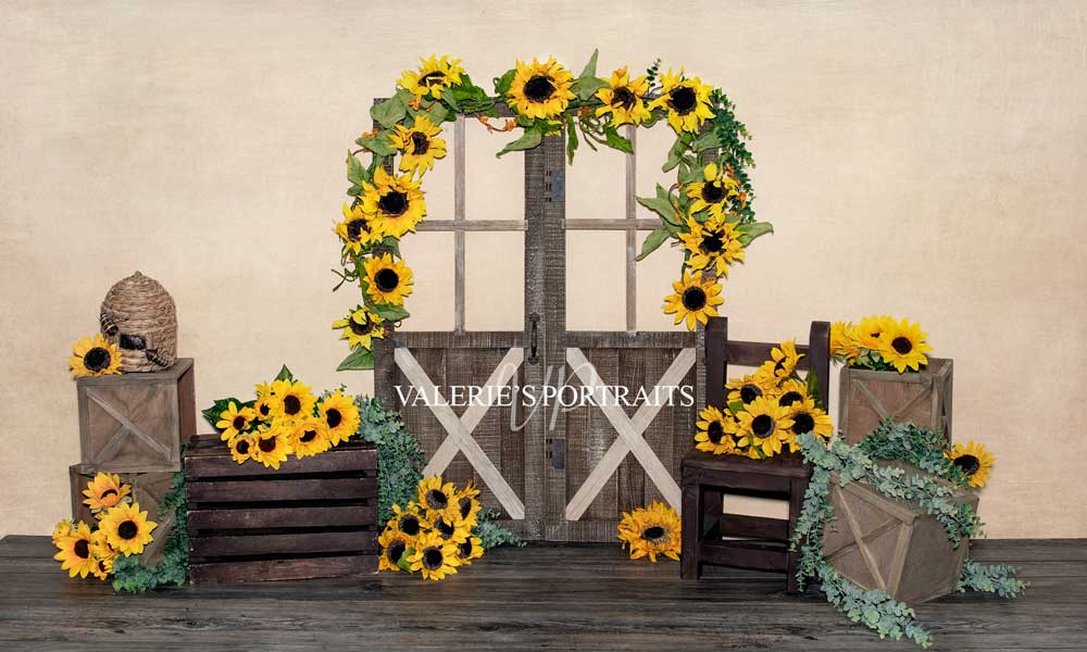 Kate Summer Sunflower Barn Door Backdrop Designed by Valerie Miranda