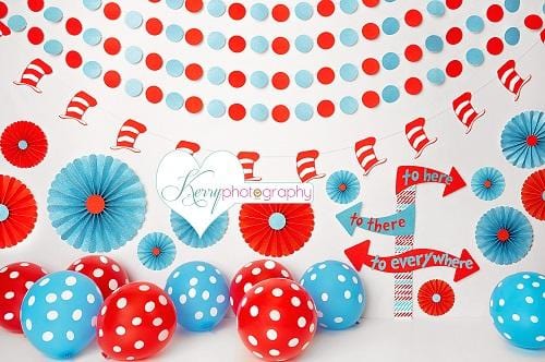 Kate Hat and Red and Blue Balloon Birthday Backdrop for Photography Designed by Kerry Anderson