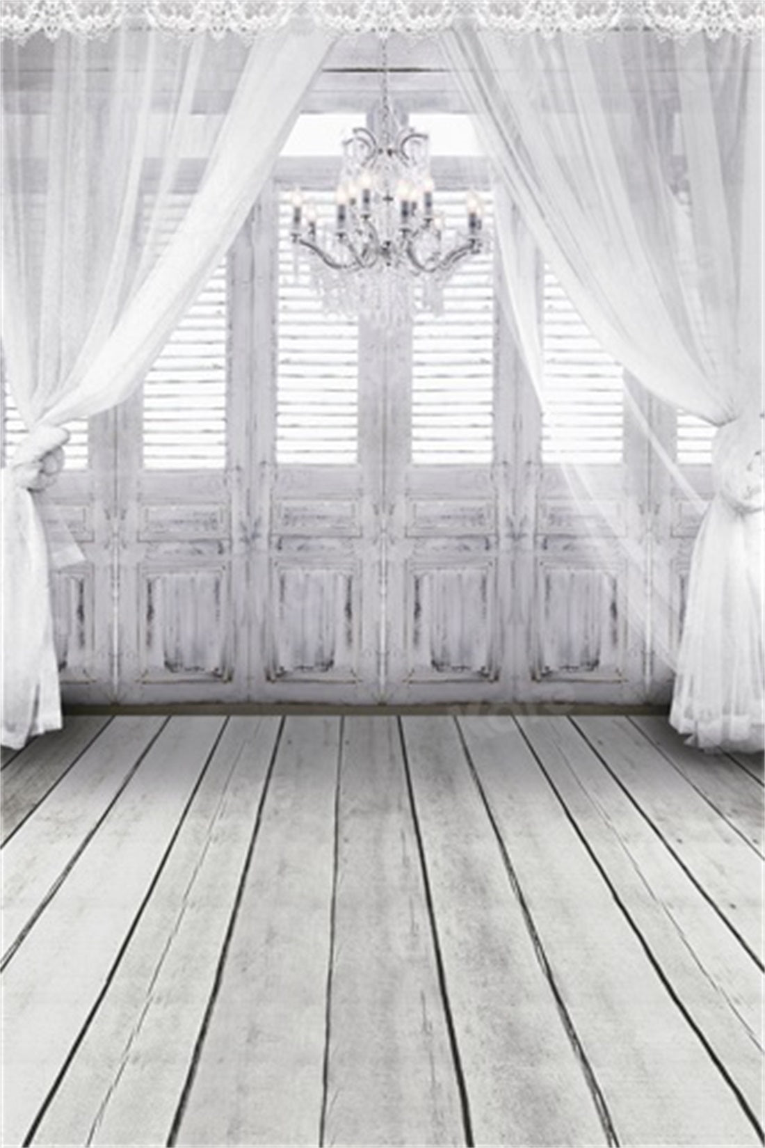 Kate windows with white sheer curtains chandelier floor Backdrop - Katebackdrop