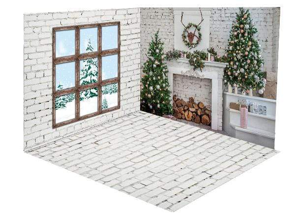 Katebackdrop£ºKate Christmas Fireplace White Brick Wall and Floor Window room set