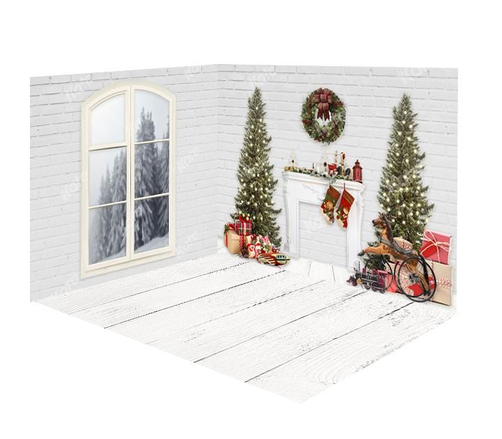 Kate Christmas Fireplace White Brick Wall&Floor Window Room Set(8ftx8ft&10ftx8ft&8ftx10ft)