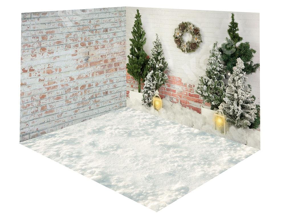 Kate Christmas Trees Brick Wall Snow Backdrop Room Set - Kate Backdrop