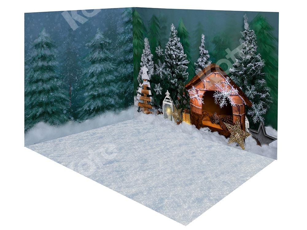 Kate Christmas Snow Forest Barn Backdrop Room Set