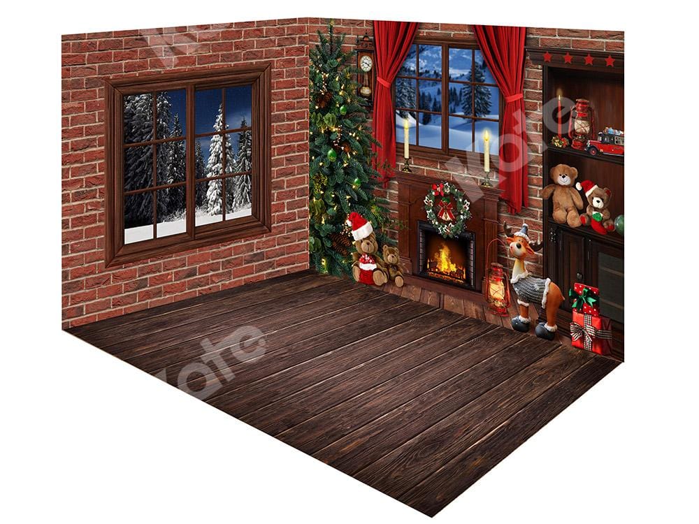 Kate Christmas Brick Wall Window Fireplace Backdrop Room Set