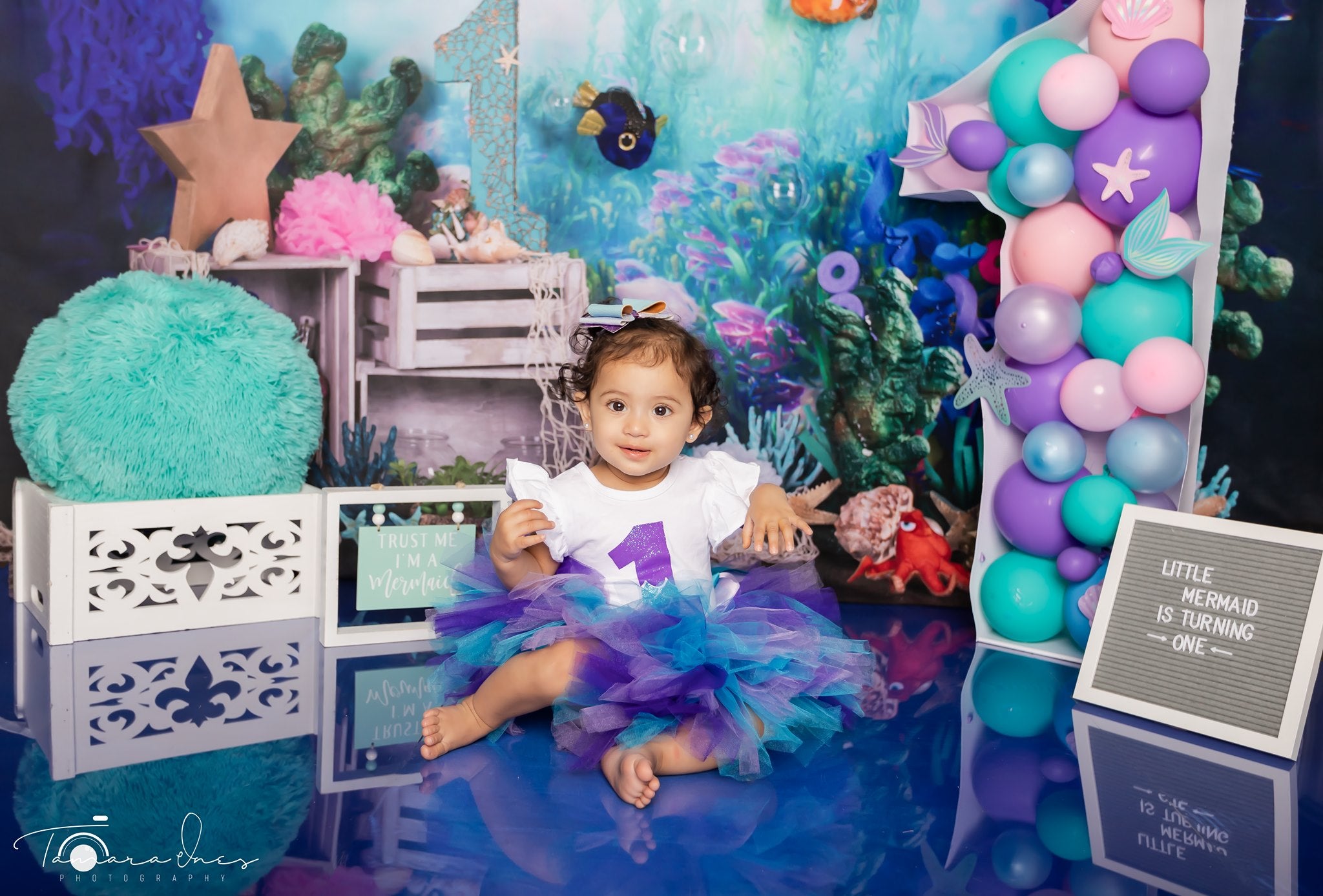 Kate mermaid under sea 1st birthday cake smash summer backdrop designed by studio gumot