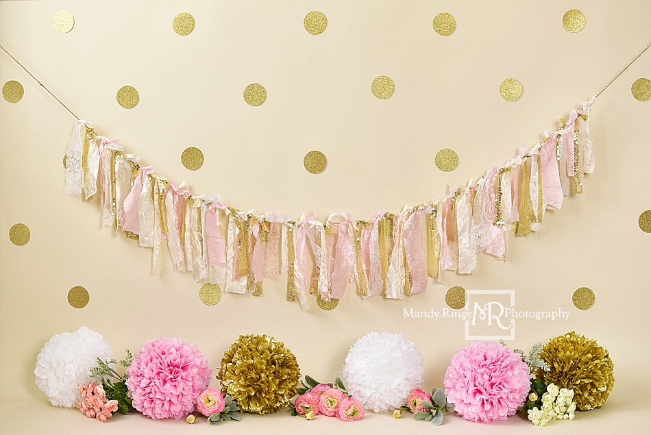 Kate Pink and Gold with Polkadots Birthday Backdrop for Photography Designed by Mandy Ringe Photography - Kate Backdrop