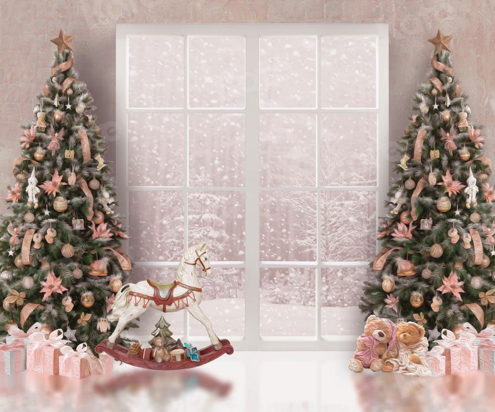 Kate Christmas Pink Snow Window Winter Backdrop for Photography