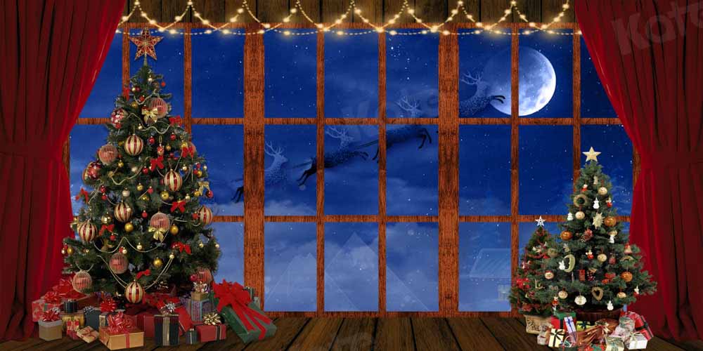 Kate Christmas Trees Window Backdrop Elk Moon for Photography Designed by Chain Photography
