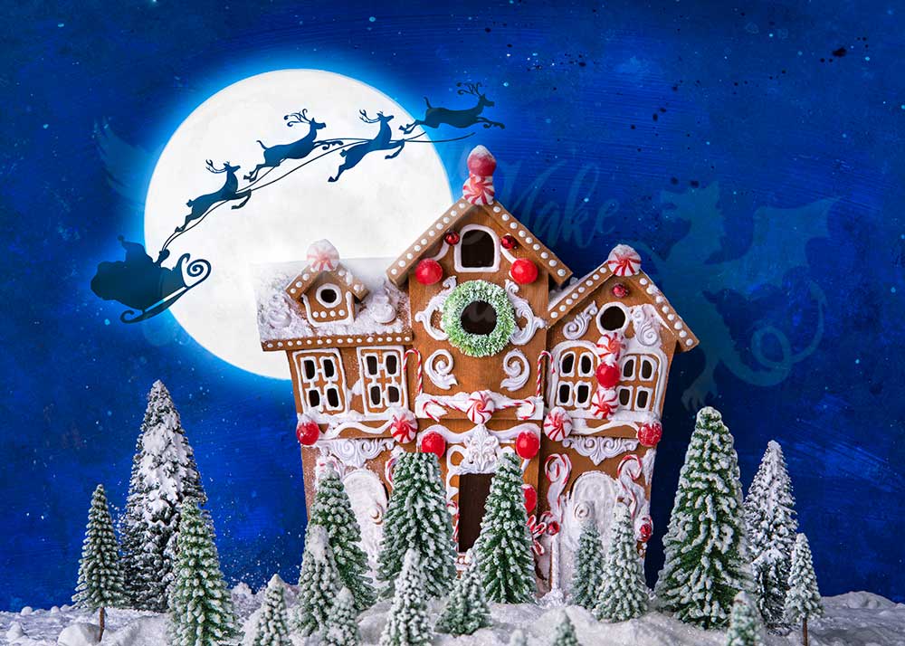 Kate Christmas Gingerbread House With Santa And Reindeers Backdrop for Photography Designed by Mini MakeBelieve