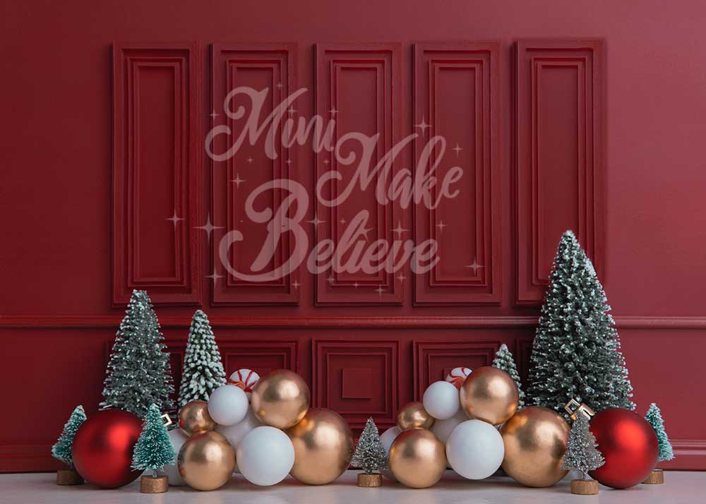 Kate Christmas Holiday Backdrop Red Wall Trees Designed by Mini MakeBelieve