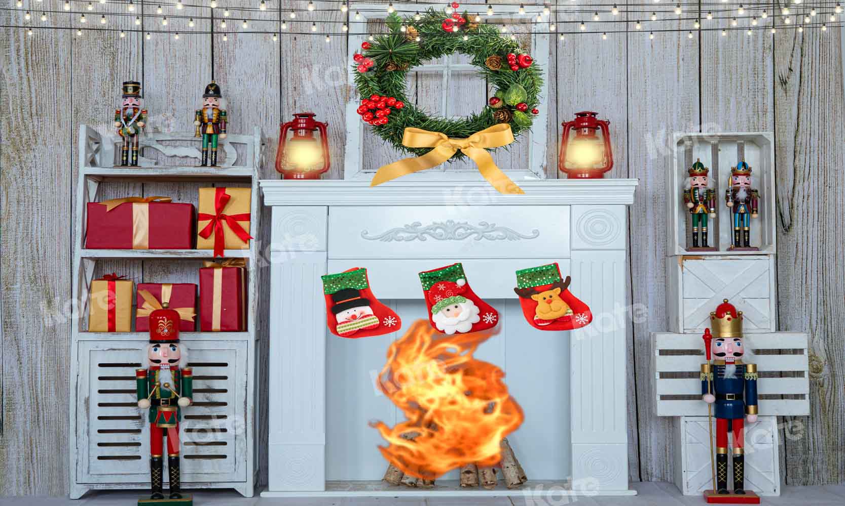 Kate Christmas Fireplace Backdrop Wood Designed by Emetselch