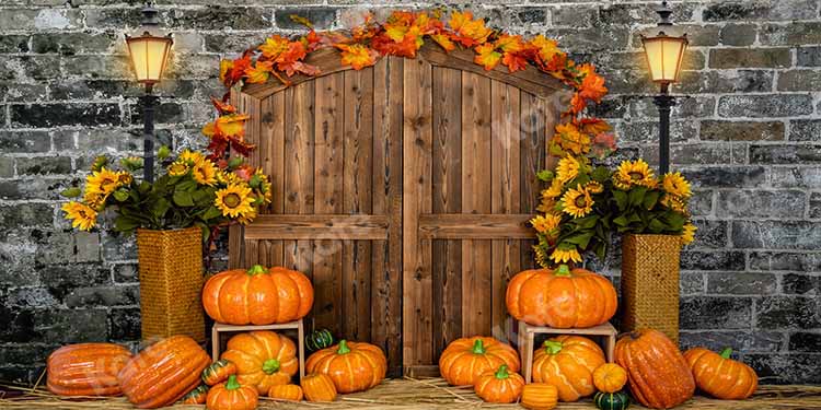 Kate Fall Pumpkin Backdrop Brick Barn Door Designed by Emetselch