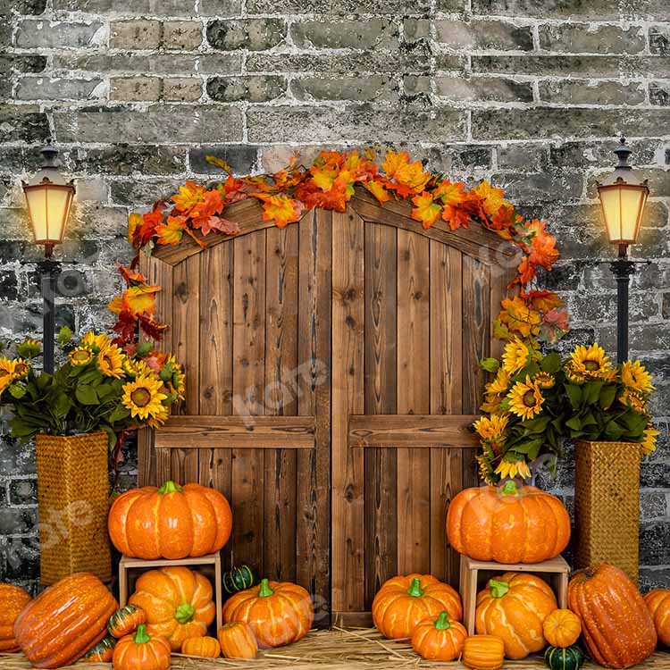 Kate Fall Pumpkin Backdrop Brick Barn Door Designed by Emetselch
