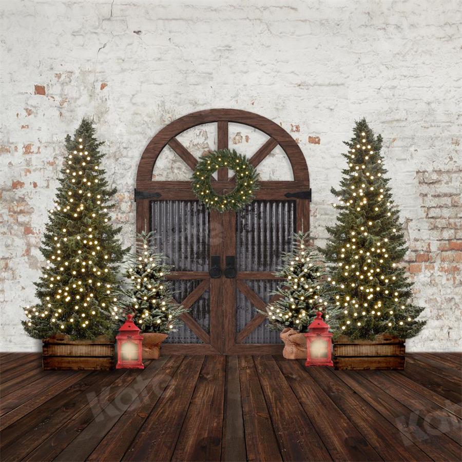 Kate Christmas Trees Backdrop Barn Door Retro for Photography