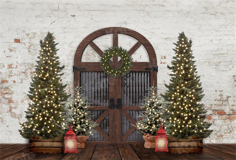 Kate Christmas Trees Backdrop Barn Door Retro for Photography