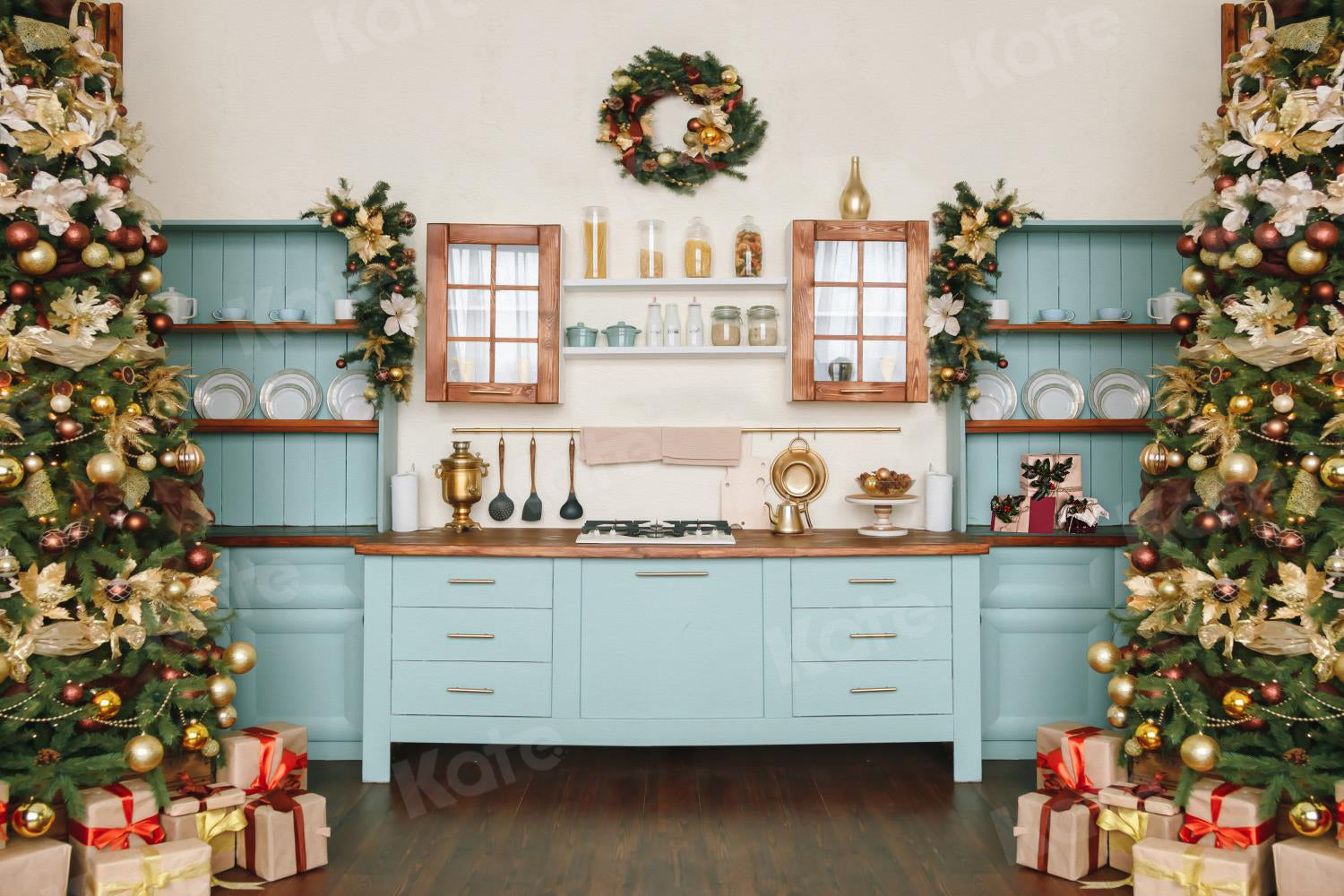 Kate Christmas Kitchen Closet Backdrop Blue for Photography