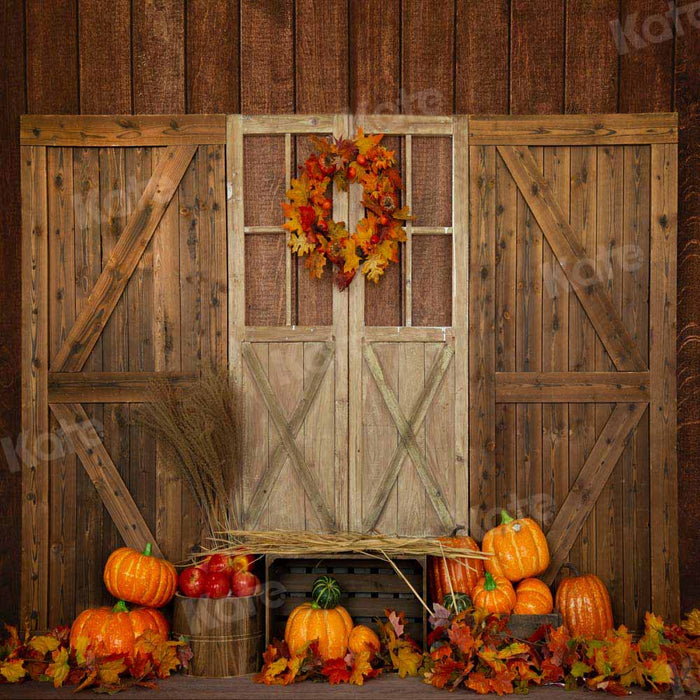 Kate Fall Pumpkin Backdrop Wood Door Farm for Photography