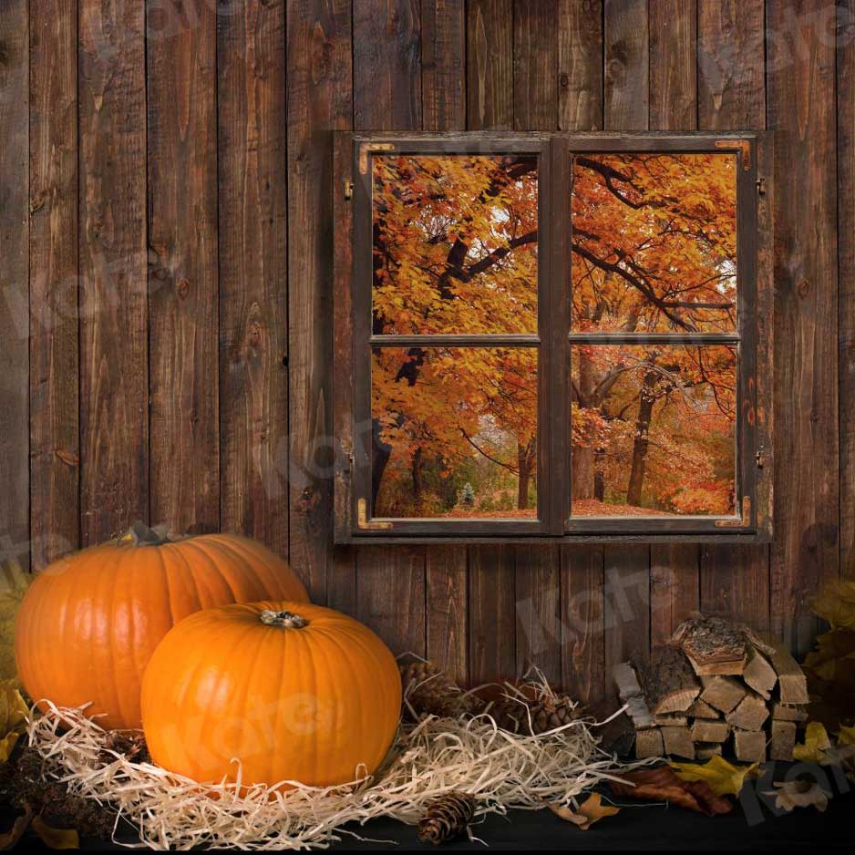 Kate Fall Backdrop Pumpkin Wood Farm Window for Photography