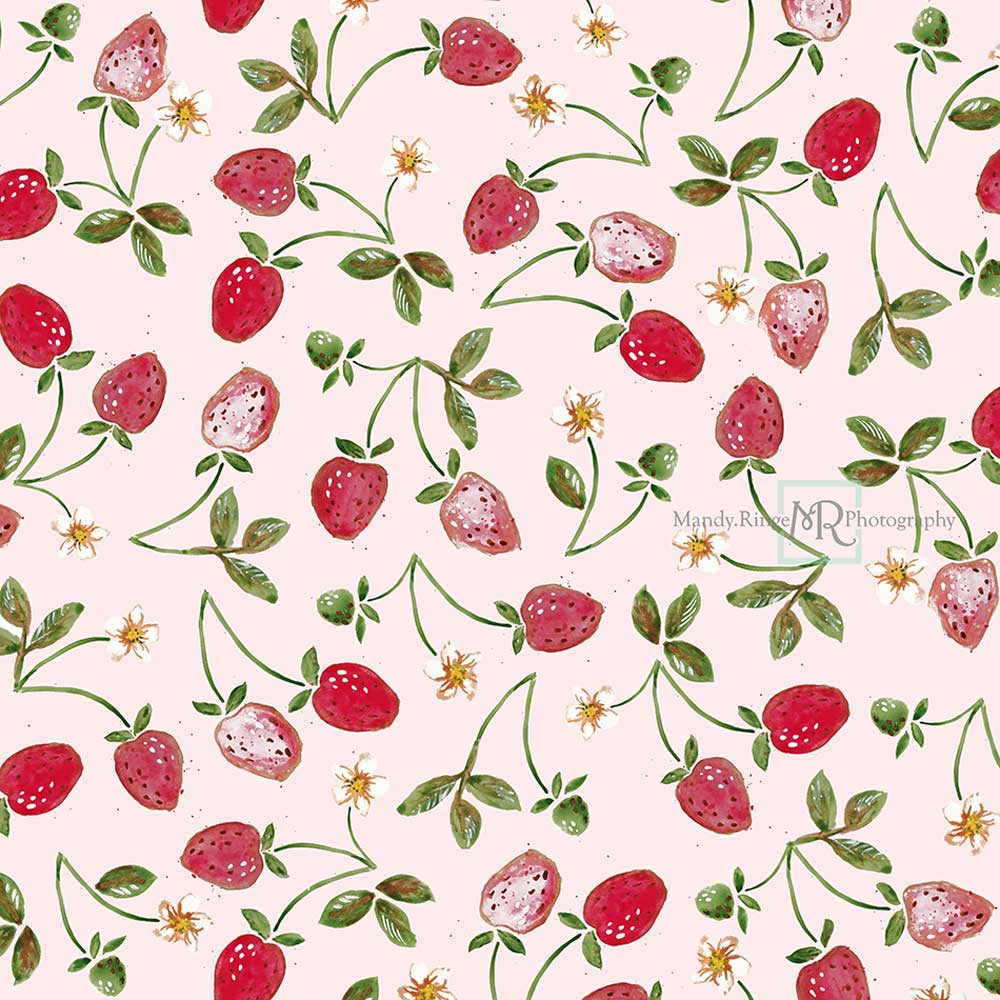 Kate Summer Strawberry Backdrop Watercolor Cake Smash Designed by Mandy Ringe Photography