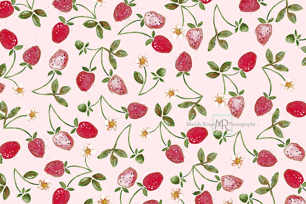 Kate Summer Strawberry Backdrop Watercolor Cake Smash Designed by Mandy Ringe Photography