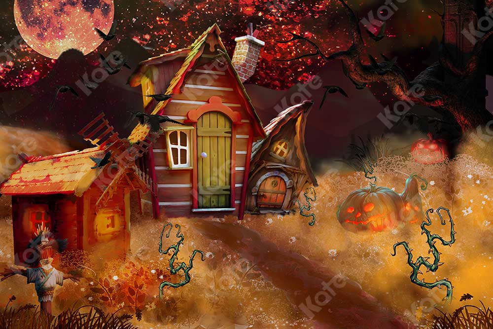 Kate Halloween Pumpkin Backdrop Night Forest House for Photography