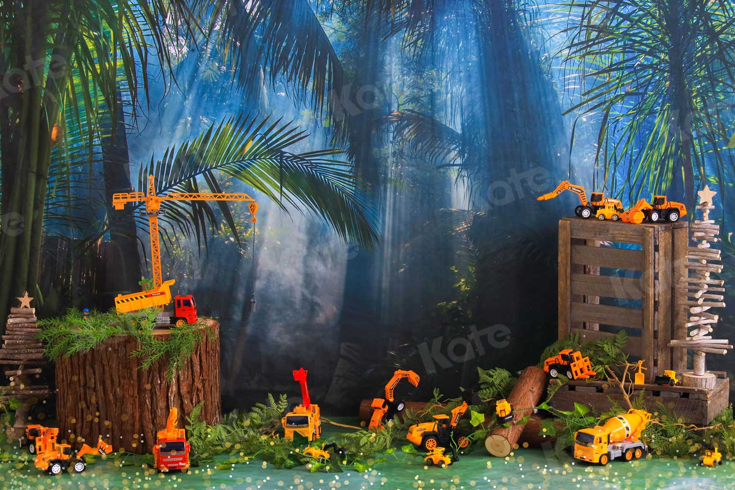 Kate Jungle Forest Backdrop Toy Car Construction for Photography