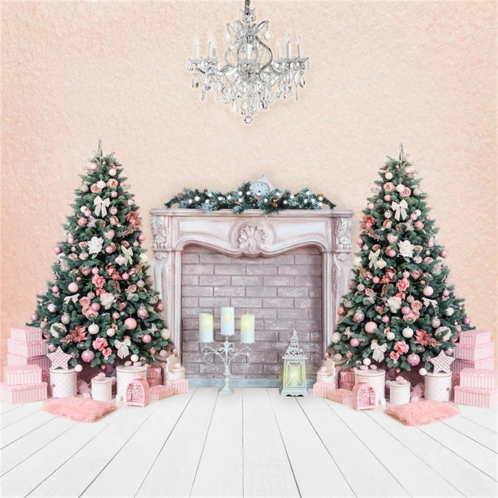 Kate Christmas Trees Backdrop Fireplace Pink Wall for Photography