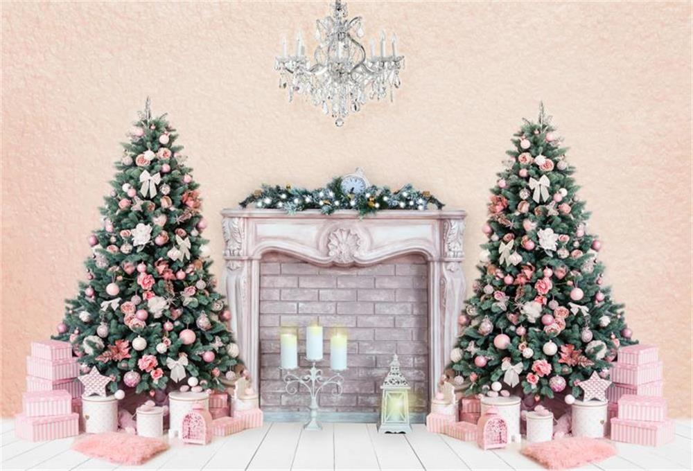 Kate Christmas Trees Backdrop Fireplace Pink Wall for Photography