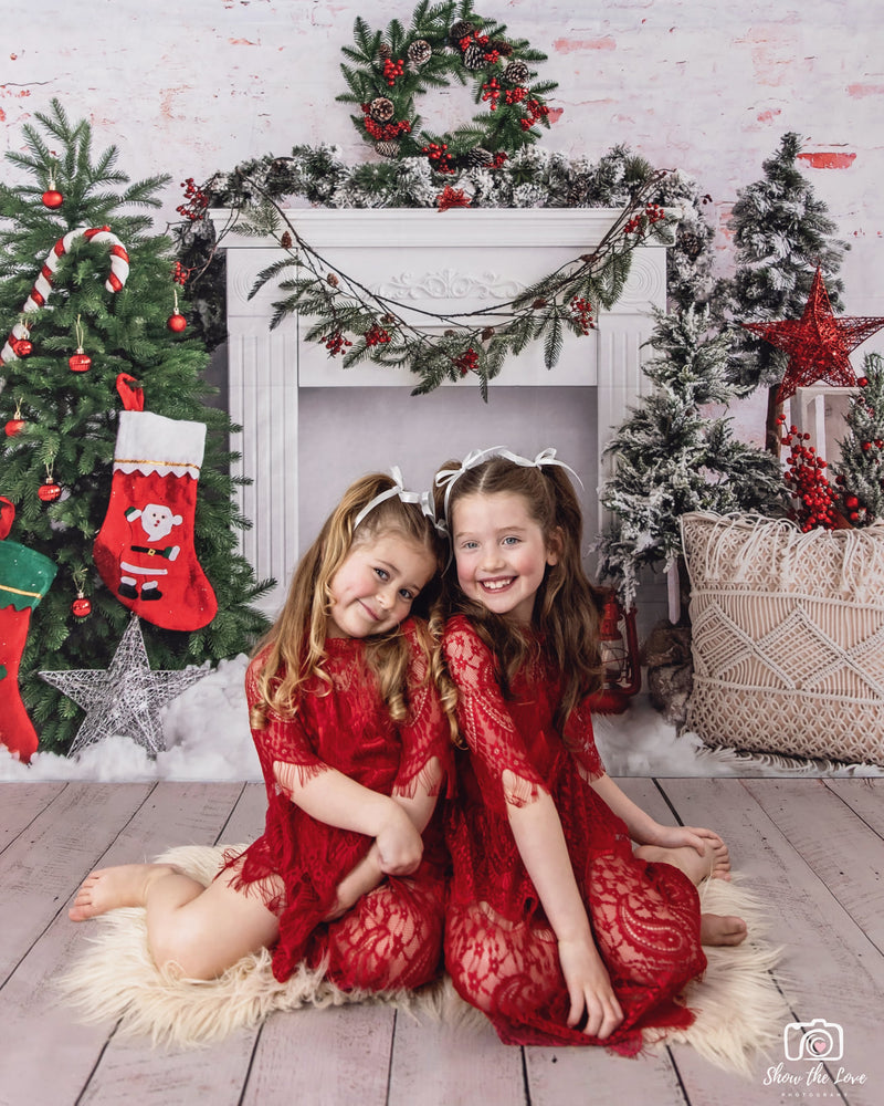 Kate Christmas Tree Brick Fireplace Backdrop for Photography