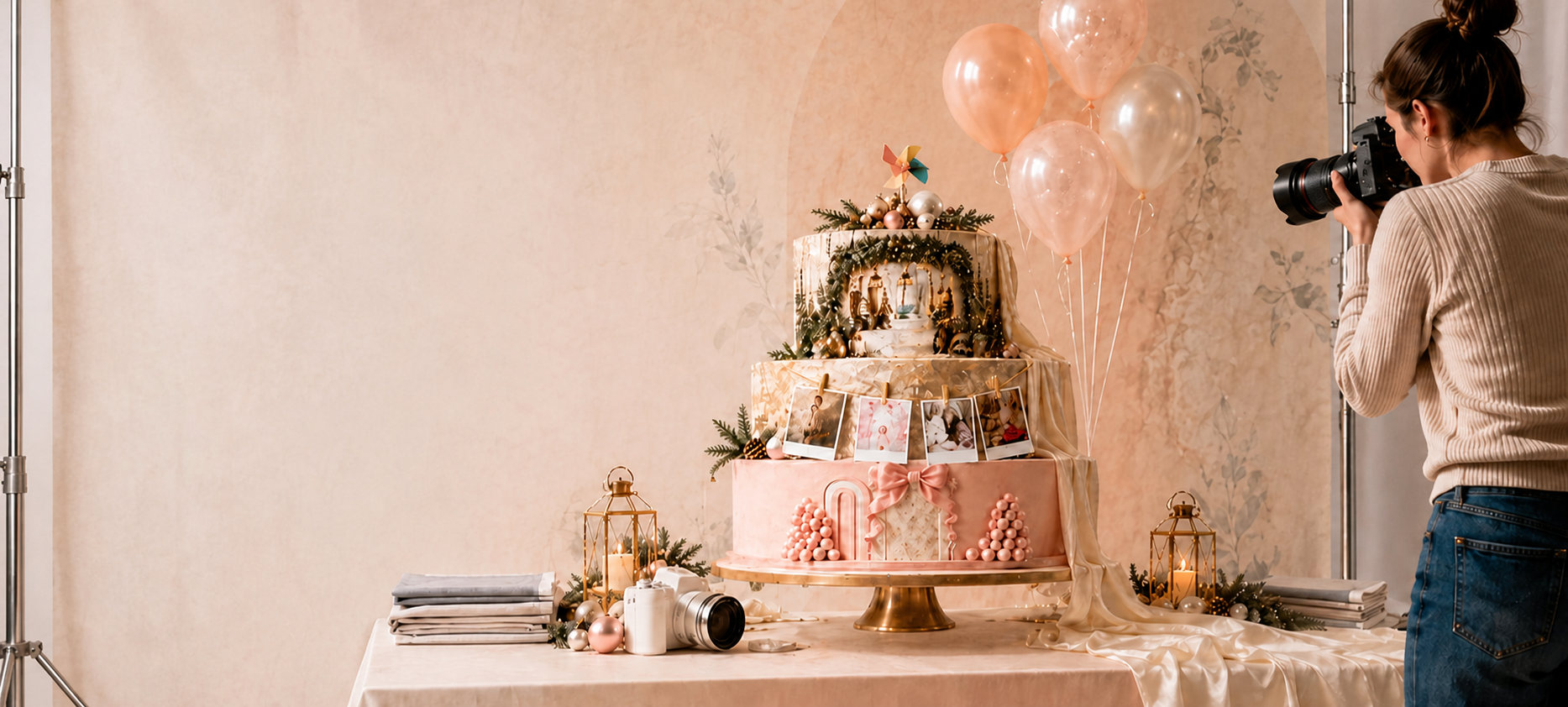 Kate Day studio celebration with a photographer capturing a three-tier cake display