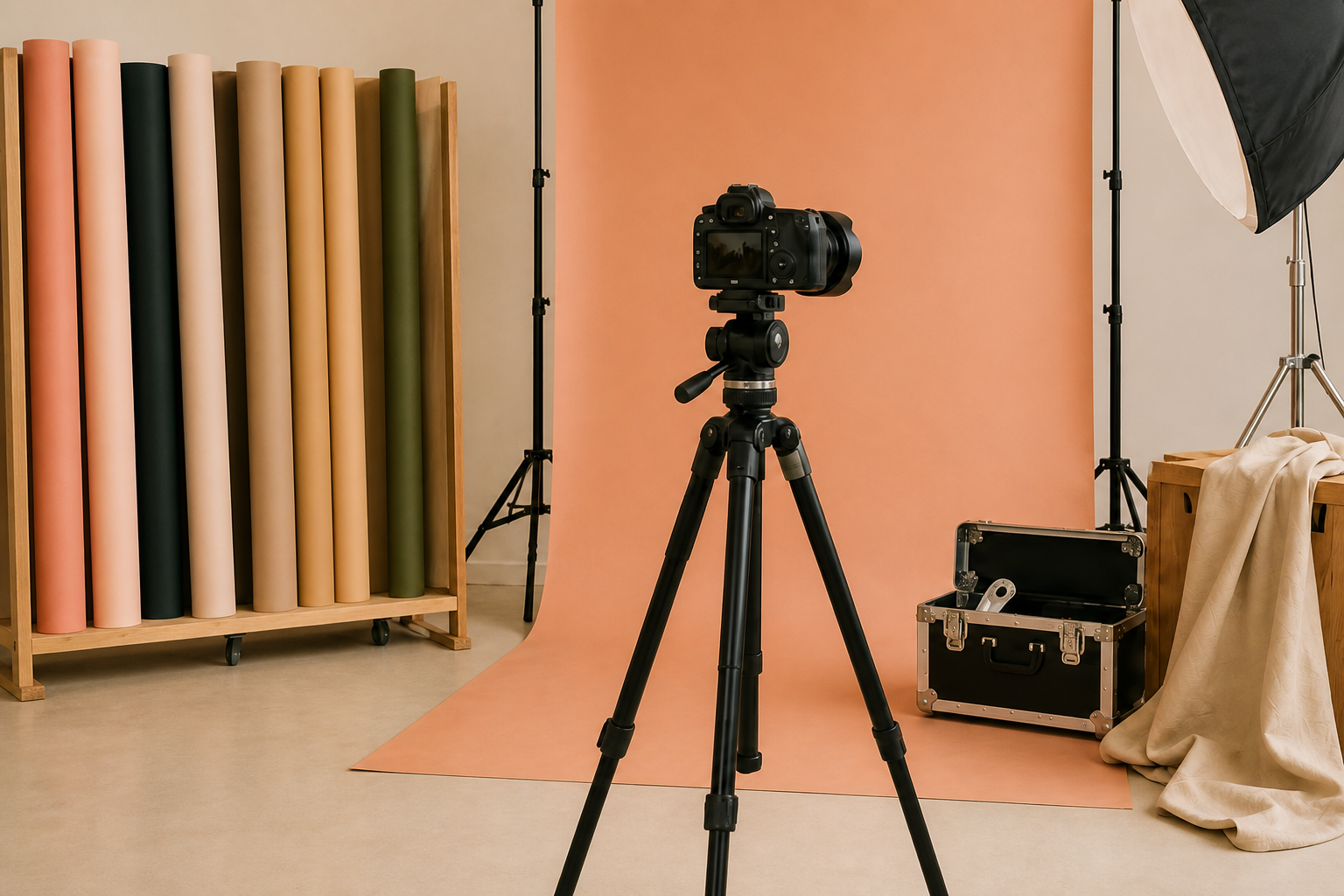 Photography studio with backdrop rolls, a peach seamless backdrop and a camera on a tripod