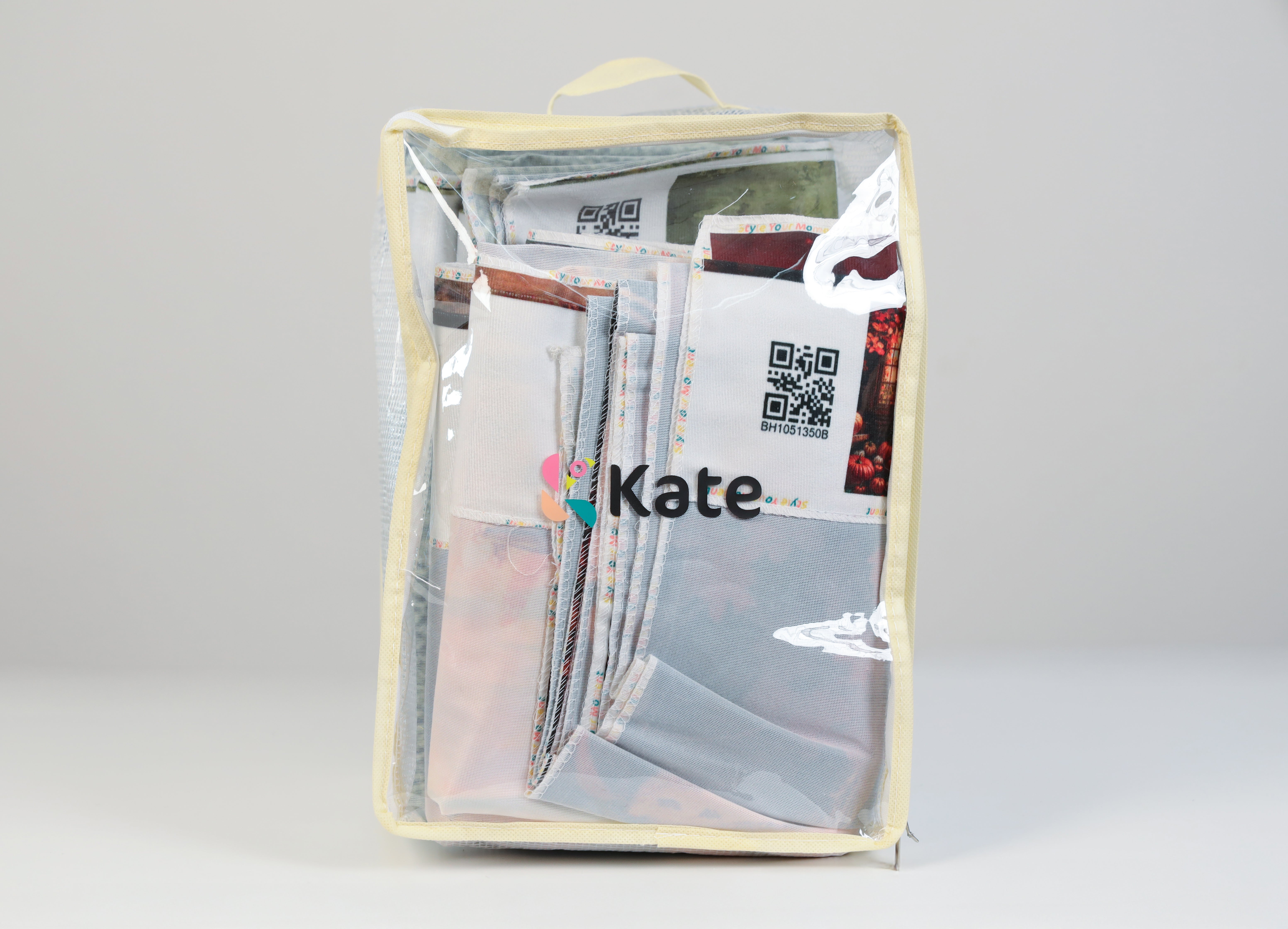 Clear Kate backdrop storage bag with pale yellow trim